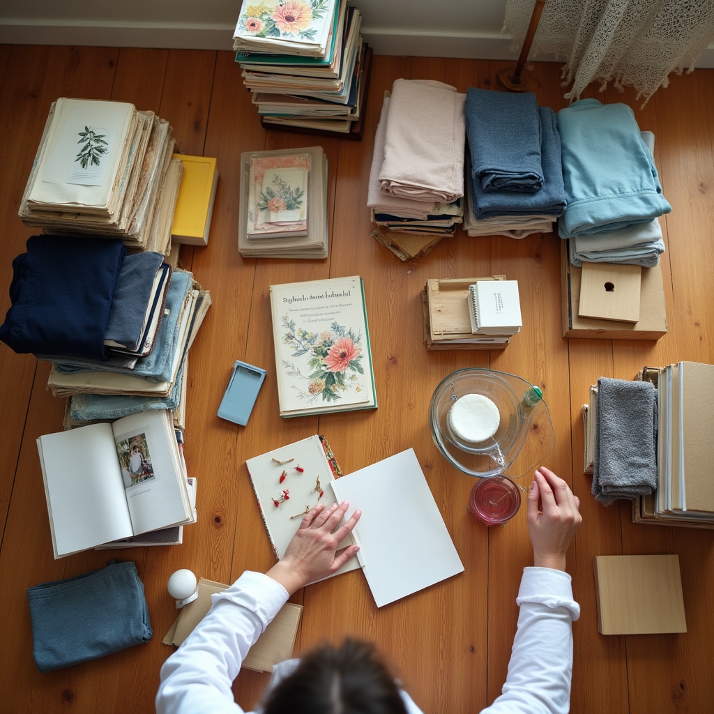 Sessione di decluttering con oggetti selezionati per categorie sul pavimento