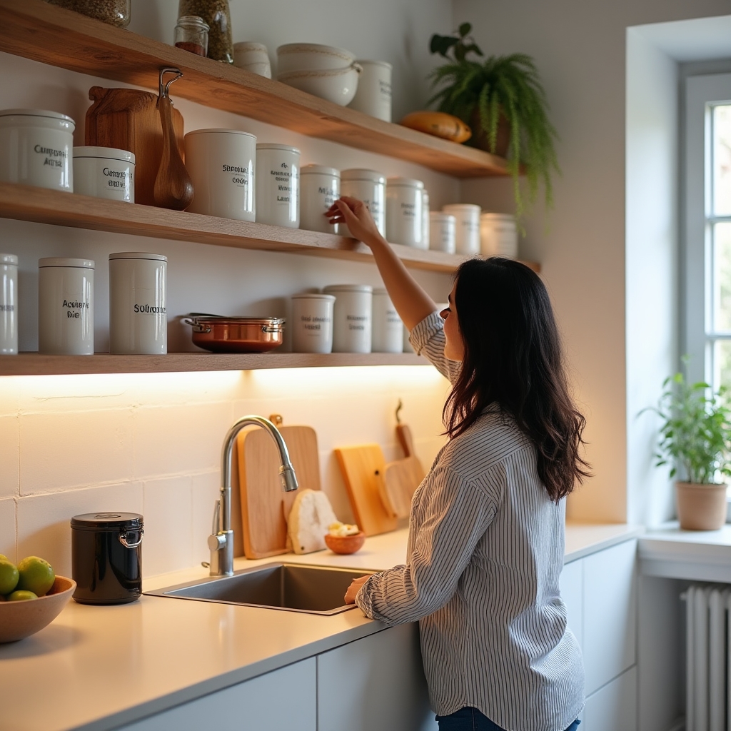 Cucina con ripiani ordinati e contenitori etichettati