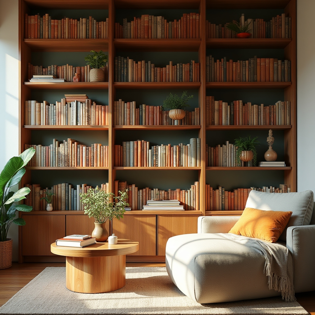 Libreria con libri e oggetti organizzati per colore e dimensione in un salotto luminoso
