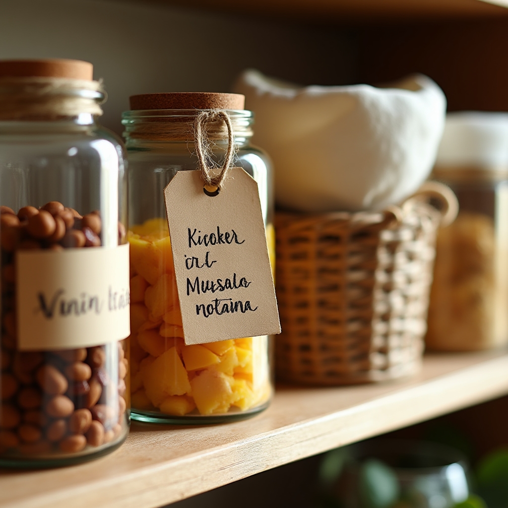 Contenitori etichettati in italiano su una mensola di cucina organizzata con barattoli e cestini